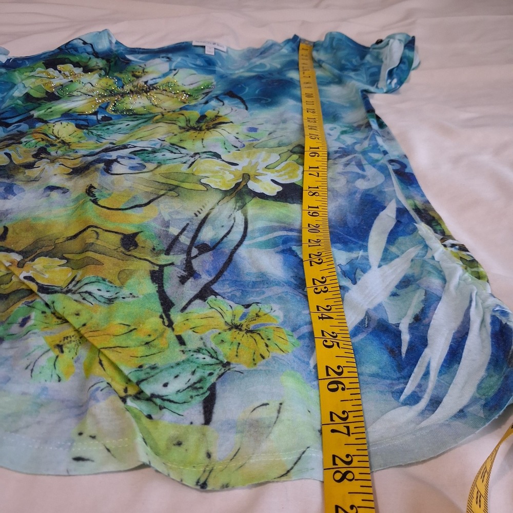 Fashion Bug Floral Rhinestone Tunic Top Blue Green Drawstring Ruched Small - Picture 5 of 11